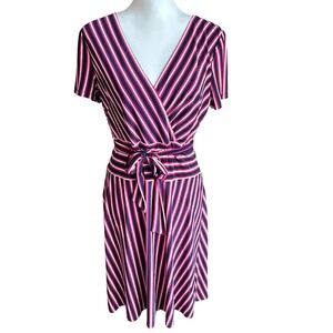 Lauren Ralph Lauren Pink and Navy Striped Wrap-Style Midi Dress